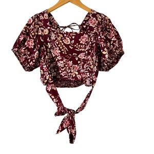 B-O-G Collective Floral Crop Top Smocked Tie Back Puff Sleeve Blouse L‎
